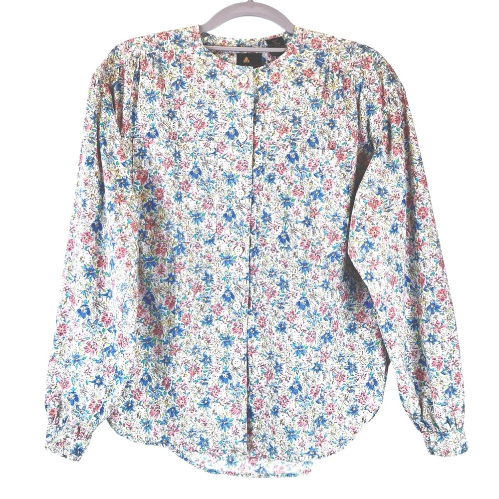 Vintage 80s 90s Lizsport Floral Print Cotton Blouse Shirt Pastel Cottagecore MP